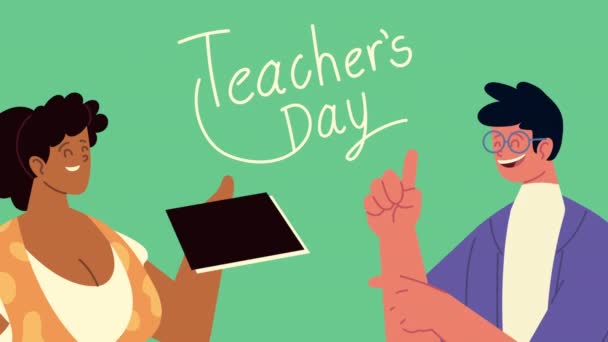 Šťastný učitelé den písmo s učiteli pár — Stock video