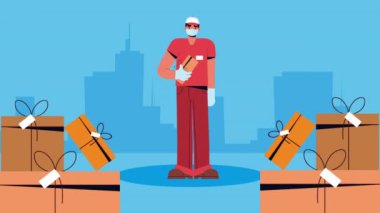 Şehirdeki kutuları taşıyan güvenli servis çalışanı.