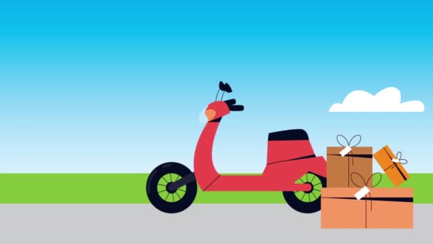 Serviço de entrega trabalhador seguro com caixas e motocicleta — Vídeo de Stock