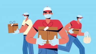 Kutuları ve çanta karakterleri olan dağıtım işçileri