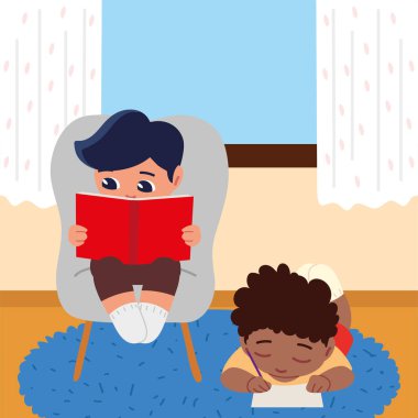 Çocuklar evde çalışıyor.