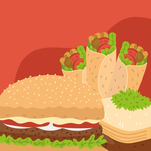 Hamburger shawarma i baklava — Wektor stockowy