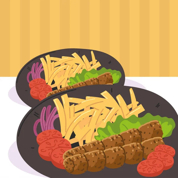 Kebab con patatas fritas platos — Vector de stock