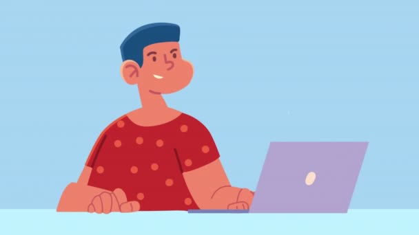 Menino usando animação personagem laptop — Vídeo de Stock