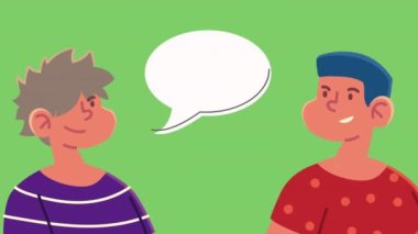 Genç çocuklar konuşma balonu karakterleriyle konuşuyor.