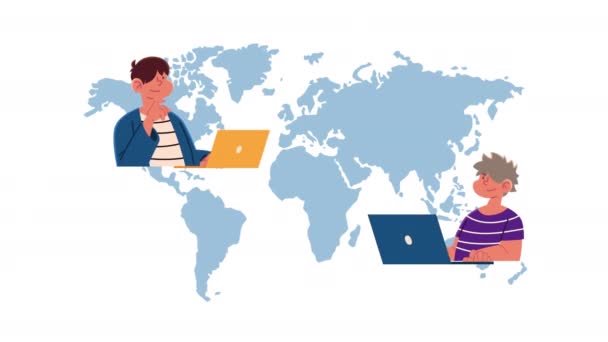 Dünya haritalarında dizüstü bilgisayar kullanan genç çocuklar — Stok video