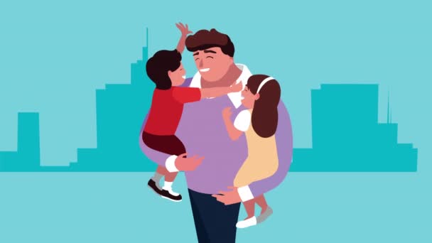 Feliz día de los padres celebración con papá levantando niños — Vídeo de stock