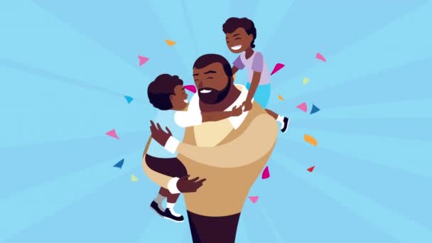 Happy fathers day celebration with afro dad lifting sons — Stock Video