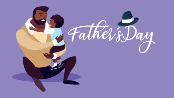 Szczęśliwy ojcowie dzień literowanie z afro tata siedzi podnoszenia syna — Wideo stockowe