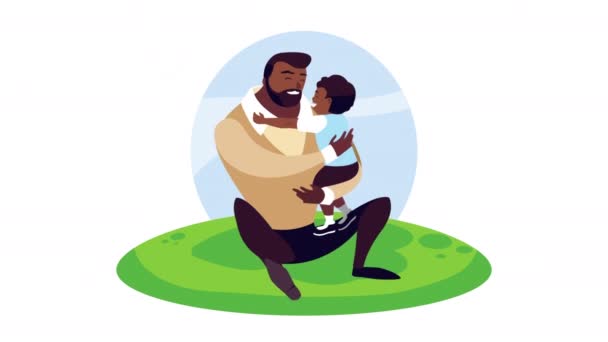 Feliz día de los padres celebración con afro padre sentado carring hijo — Vídeos de Stock