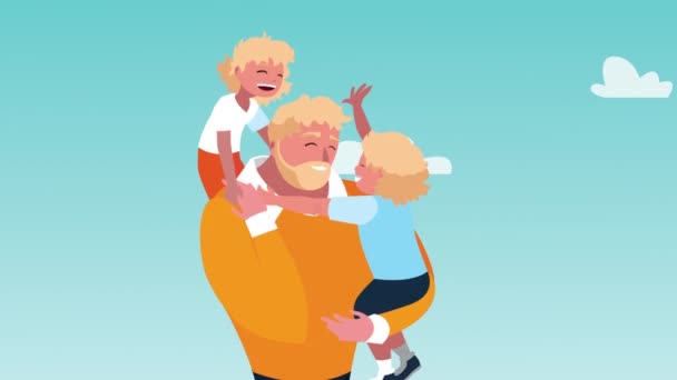 Fröhliche Vatertagsfeier mit blondem Vater, der Söhne aufzieht — Stockvideo