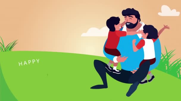 Glada fäder dag bokstäver med pappa leker med söner i lägret — Stockvideo