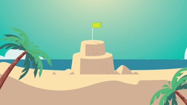 Animación de verano con castillo de arena en la escena de la playa — Vídeo de stock