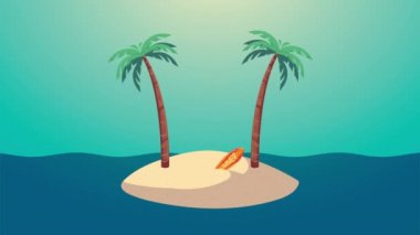 Adanın içinde avuç içi ve sörf tahtasıyla yazlık animasyonlar