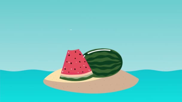 Sommartid bokstäver animation med vattenmelon på ön — Stockvideo