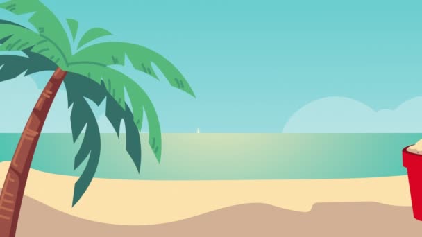 Animação de tempo de verão com balde de areia na cena da praia — Vídeo de Stock
