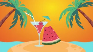 Kokteyl ve karpuz ile adada yaz zamanı animasyonu