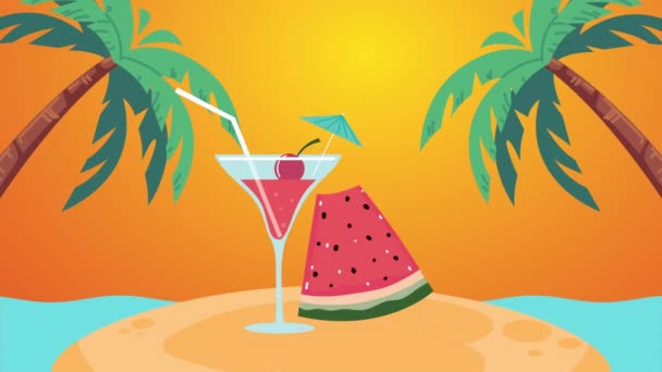 Summer time animation with cocktail and watermelon in island — Stock Video