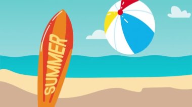 Sahilde sörf tahtası ve balonla yazlık animasyon.