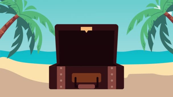 Sommeranimation mit Accessoires im Koffer am Strand — Stockvideo