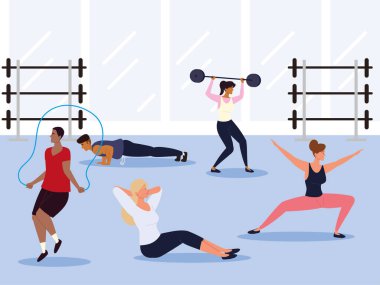 Spor salonunda egzersiz yapan insanlar.