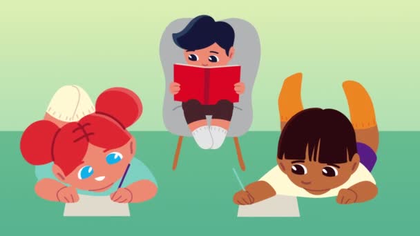 Little students group studing characters — Stock Video