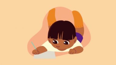 Küçük öğrenci karakter yazıyor.