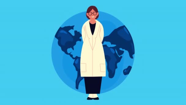 Médico fêmea com caráter planeta terra — Vídeo de Stock