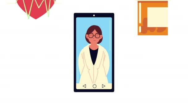 Female doctor in smartphone with medical icons — Stock Video