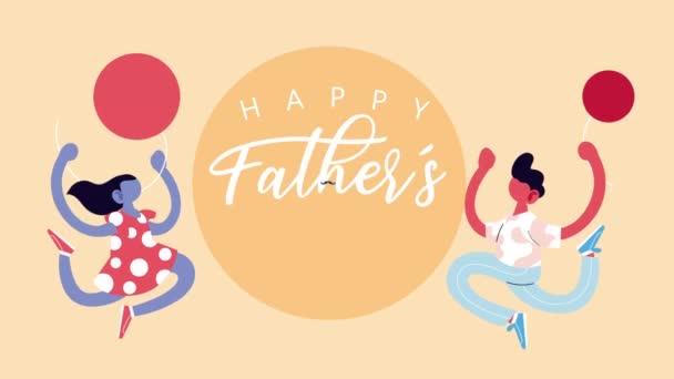 Happy fathers day lettering with kids playing and balloons helium — Stock Video