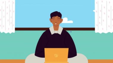 Genç adam konuşma baloncuklu dizüstü bilgisayar kullanıyor