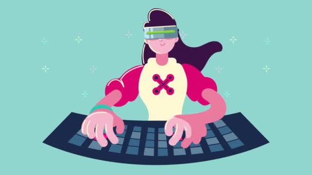 Joven mujer gamer con teclado carácter — Vídeos de Stock