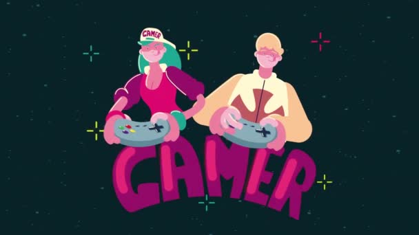 Молодая пара геймеров с персонажами управления — стоковое видео