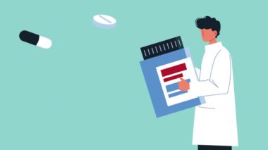 Şişe ilaçları ve hap karakteri olan doktor.
