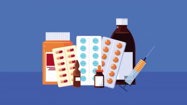 Medicamentos de farmacia establecer iconos de animación — Vídeos de Stock