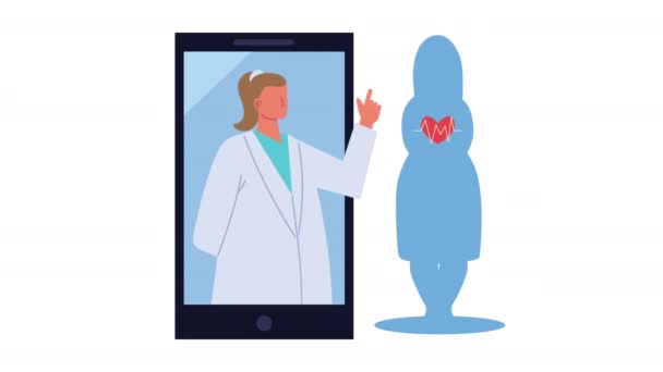หมอหญิงในสมาร์ทโฟนที่มีรูปทรงของผู้ป่วย — วีดีโอสต็อก