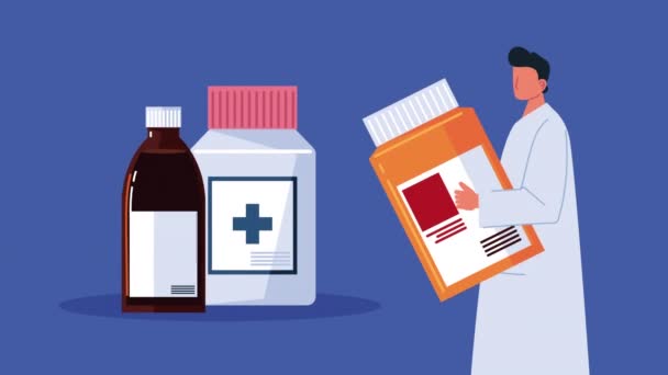 Läkare lyfta apotek droger flaskor animation — Stockvideo
