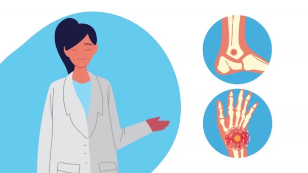 Médico con dolor de tobillo y muñeca enfermedad reumatológica animación — Vídeo de stock