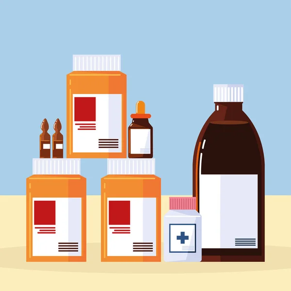 Píldoras de farmacia y botellas — Vector de stock