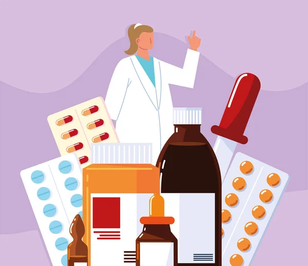 Farmacêutico feminino e medicamentos —  Vetores de Stock