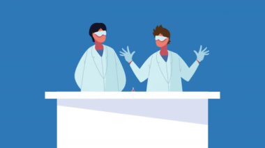 Masa başı laboratuvarında çalışan bilim adamı erkek işçiler canlandırıldı