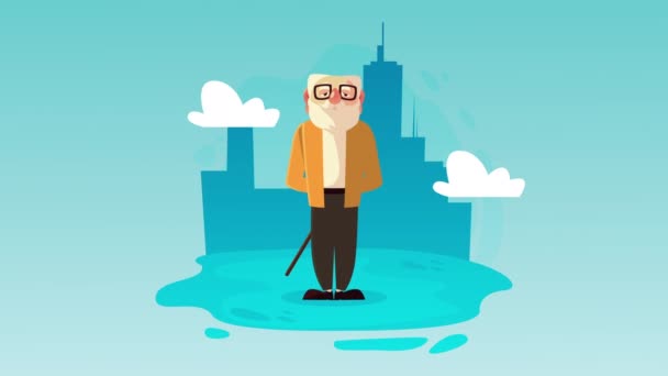 Homem velho com cana na cidade animado — Vídeo de Stock