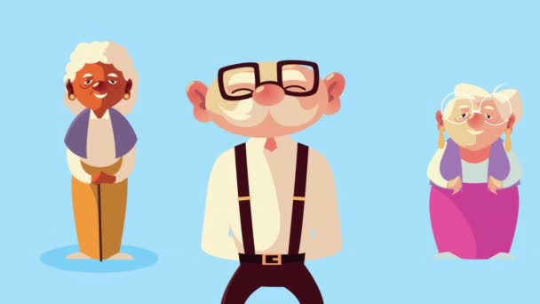 Tres abuelos de pie personajes animados — Vídeo de stock