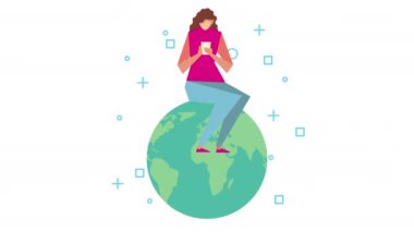 Dünya gezegeninde oturan akıllı telefonu kullanan kadın.