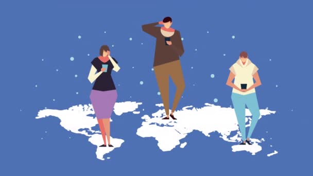 Personas que usan personajes de teléfonos inteligentes en el mapa del planeta tierra — Vídeo de stock