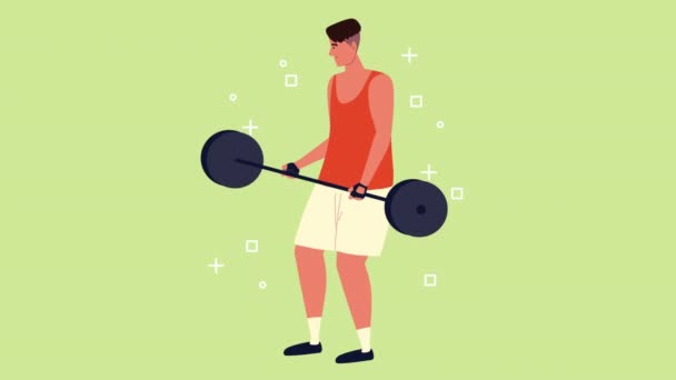 Man practicing exercise weight lifting character — Stock Video