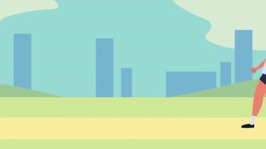 Çift kamptaki karakterlerle egzersiz yapıyor.