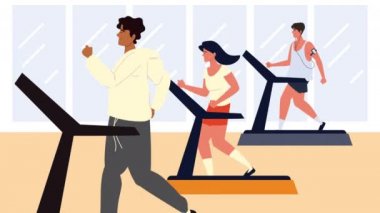 Sporcular yürüyen makinelerde egzersiz yapıyorlar.