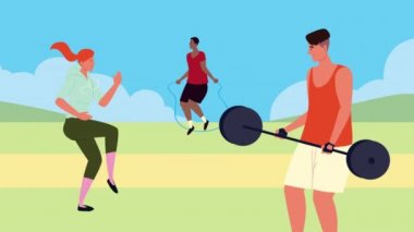 Sporcular kamp karakterlerinde egzersiz yapıyorlar.