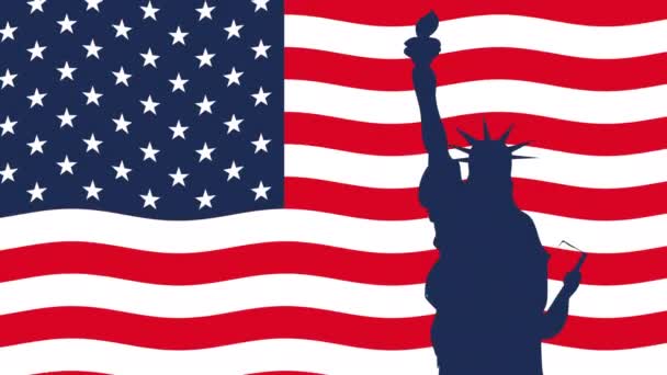 Verenigde Staten van Amerika vlag met vrijheidsbeeld silhouet — Stockvideo